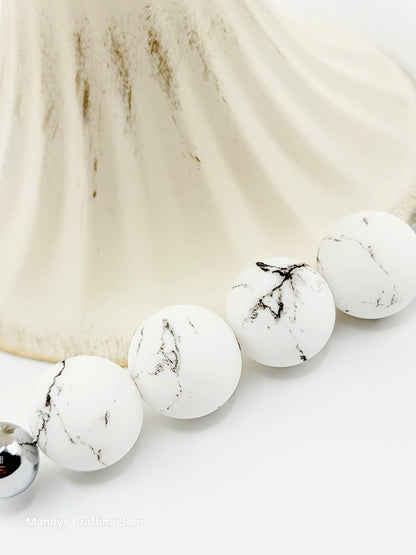 15mm Printed White & Black Marble Swirl Silicone Bead – Print Round Spacer Beads for Pens & Wristlets