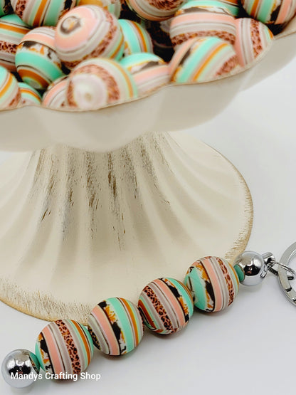 15mm Printed Leopard Turquoise Stripe Silicone Bead – Western Theme Round Spacer Beads for Pens & Wristlets