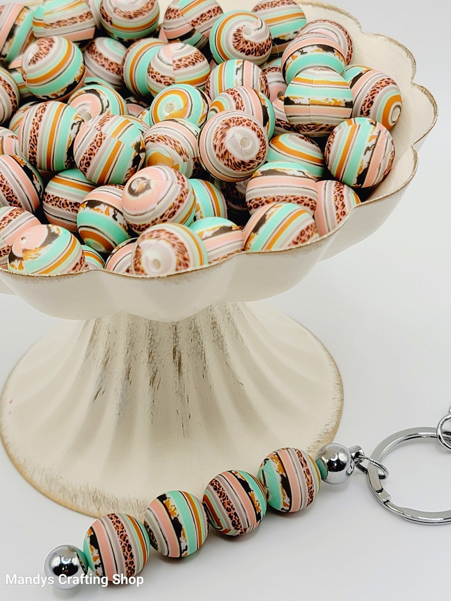 15mm Printed Leopard Turquoise Stripe Silicone Bead – Western Theme Round Spacer Beads for Pens & Wristlets