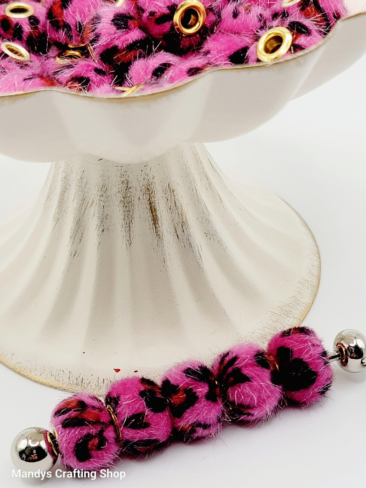 Fuchsia Leopard Print Fuzzy Beads – Furry Pom Pom Spacer Beads for DIY Crafts (Set of 5)