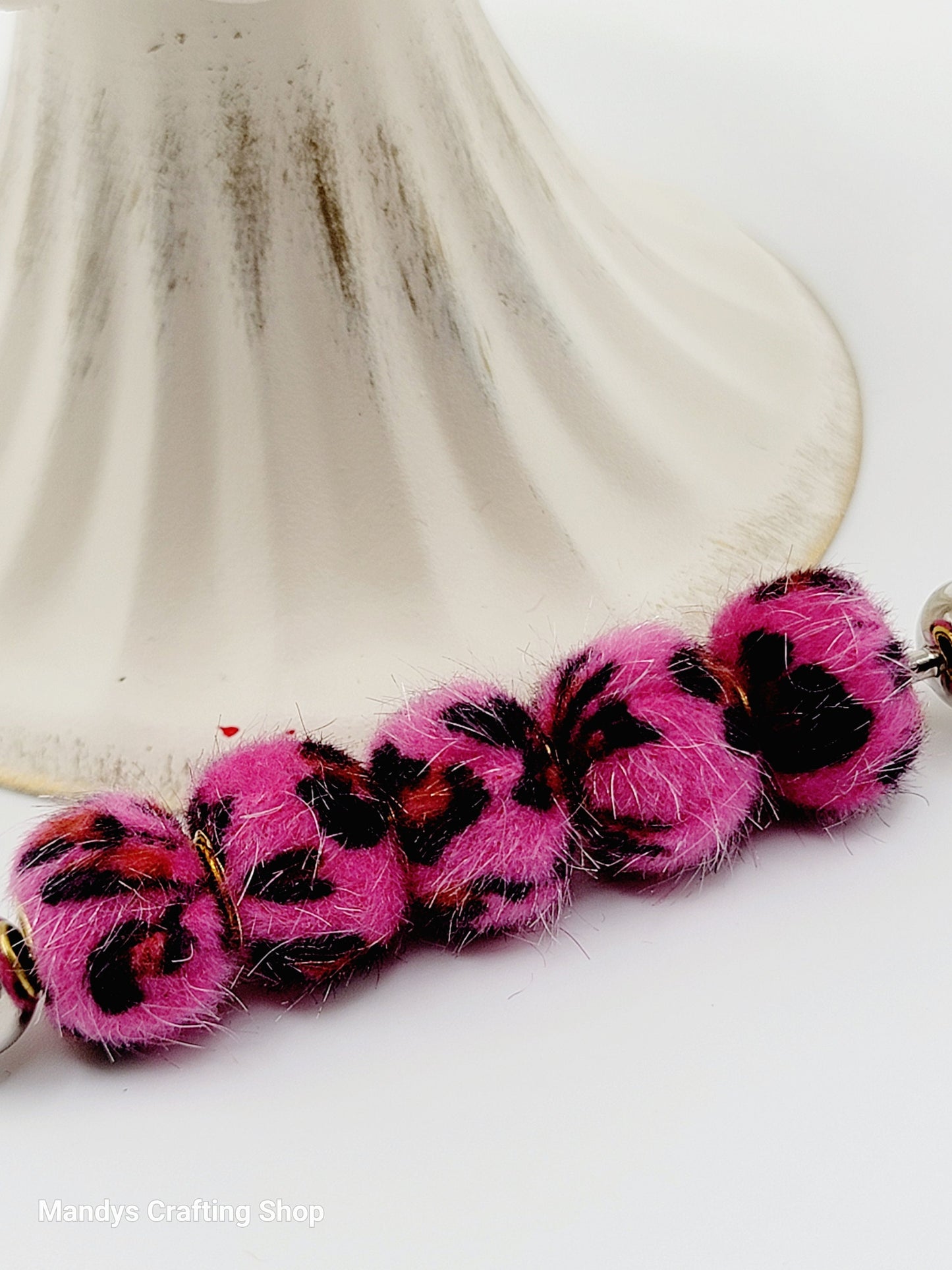 Fuchsia Leopard Print Fuzzy Beads – Furry Pom Pom Spacer Beads for DIY Crafts (Set of 5)