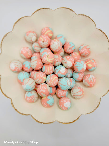 15mm Printed Coral Turquoise Floral Print Silicone Bead – Round Flower Beads for Pens & Wristlets
