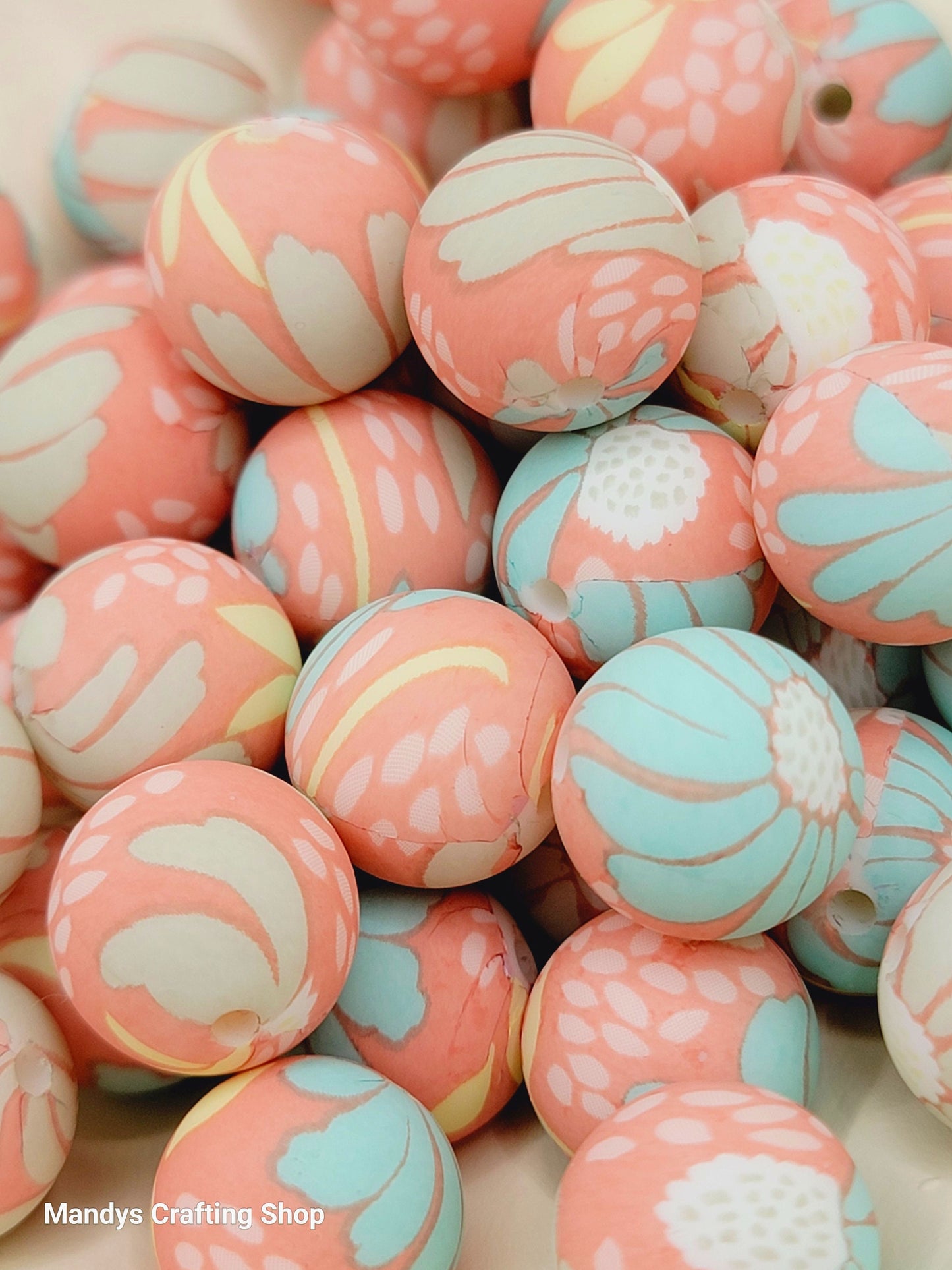 15mm Printed Coral Turquoise Floral Print Silicone Bead – Round Flower Beads for Pens & Wristlets