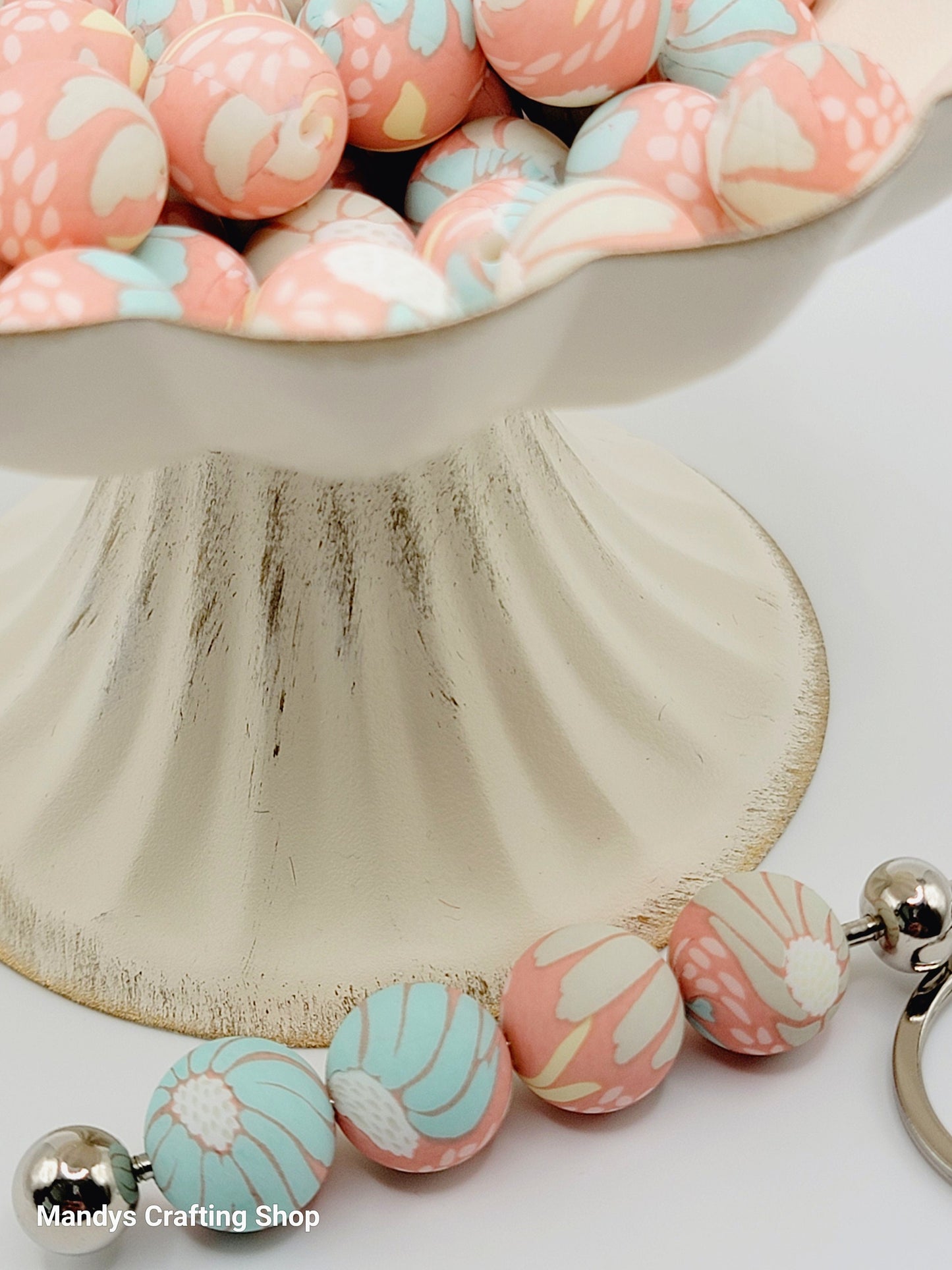 15mm Printed Coral Turquoise Floral Print Silicone Bead – Round Flower Beads for Pens & Wristlets
