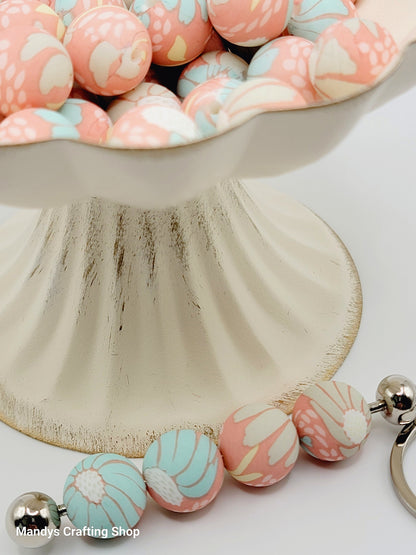 15mm Printed Coral Turquoise Floral Print Silicone Bead – Round Flower Beads for Pens & Wristlets
