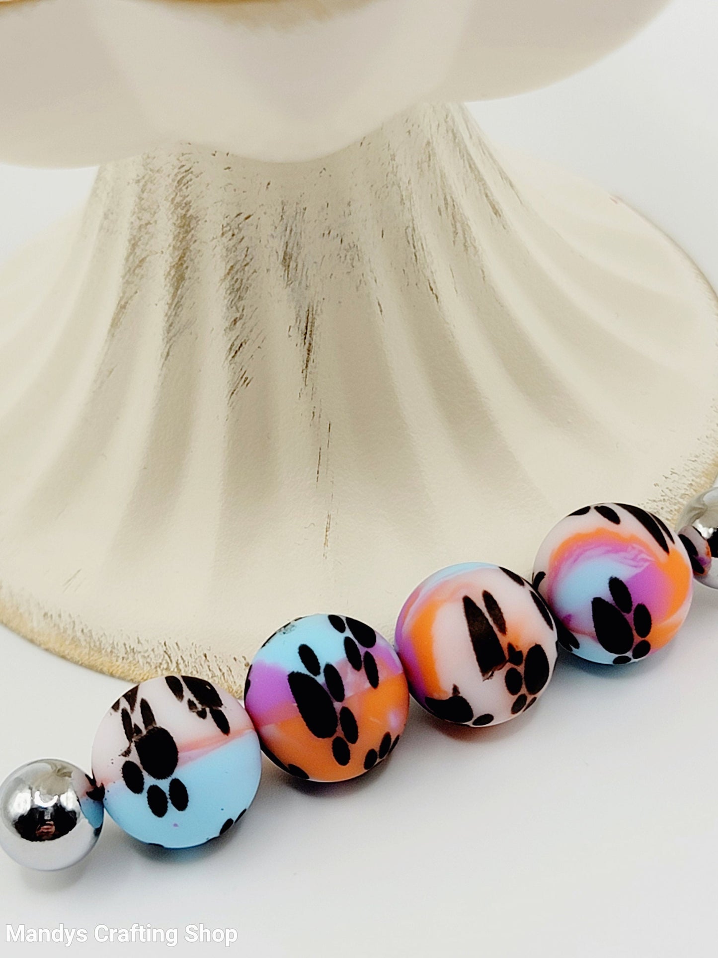 15mm Printed Blue, Orange, Purple & White Paw Print Silicone Beads – Round Swirl Paw Print Beads for Pens & Wristlets