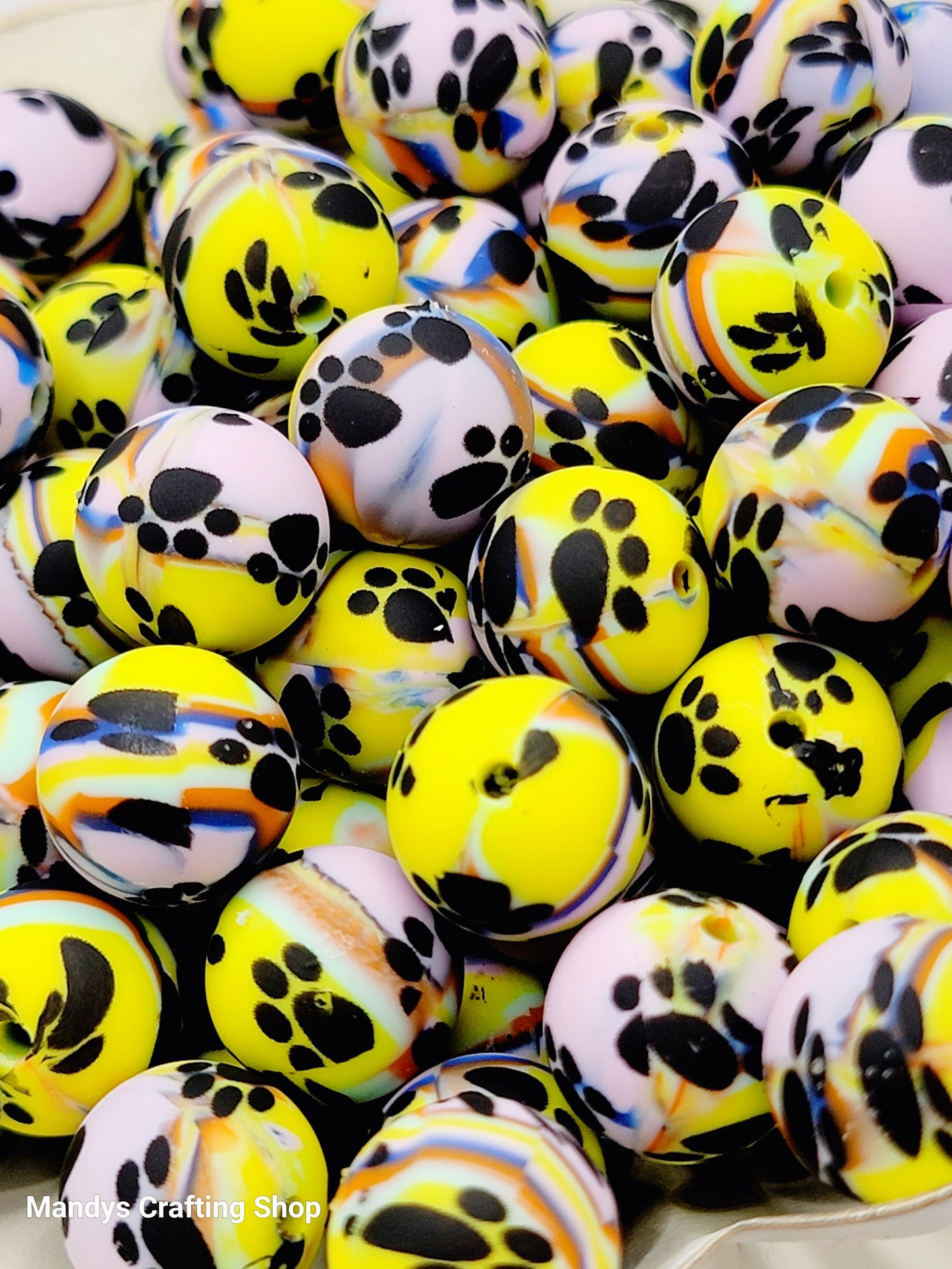 15mm Printed Swirl Paw Print Silicone Beads – Lilac, Yellow, Blue & Orange Swirl Round Beads for Pens & Wristlets