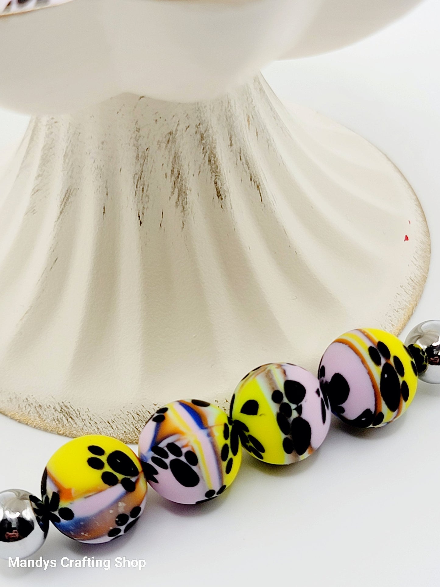 15mm Printed Swirl Paw Print Silicone Beads – Lilac, Yellow, Blue & Orange Swirl Round Beads for Pens & Wristlets