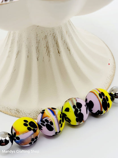 15mm Printed Swirl Paw Print Silicone Beads – Lilac, Yellow, Blue & Orange Swirl Round Beads for Pens & Wristlets