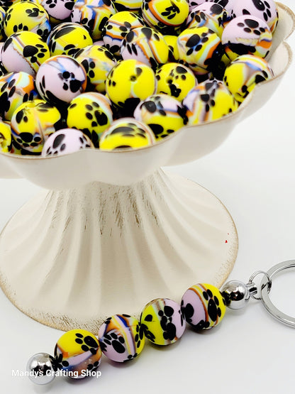 15mm Printed Swirl Paw Print Silicone Beads – Lilac, Yellow, Blue & Orange Swirl Round Beads for Pens & Wristlets