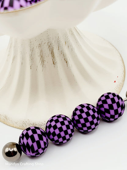 15mm Printed Purple & Black Check Silicone Beads – Checkered Round Beads for Pens & Wristlets