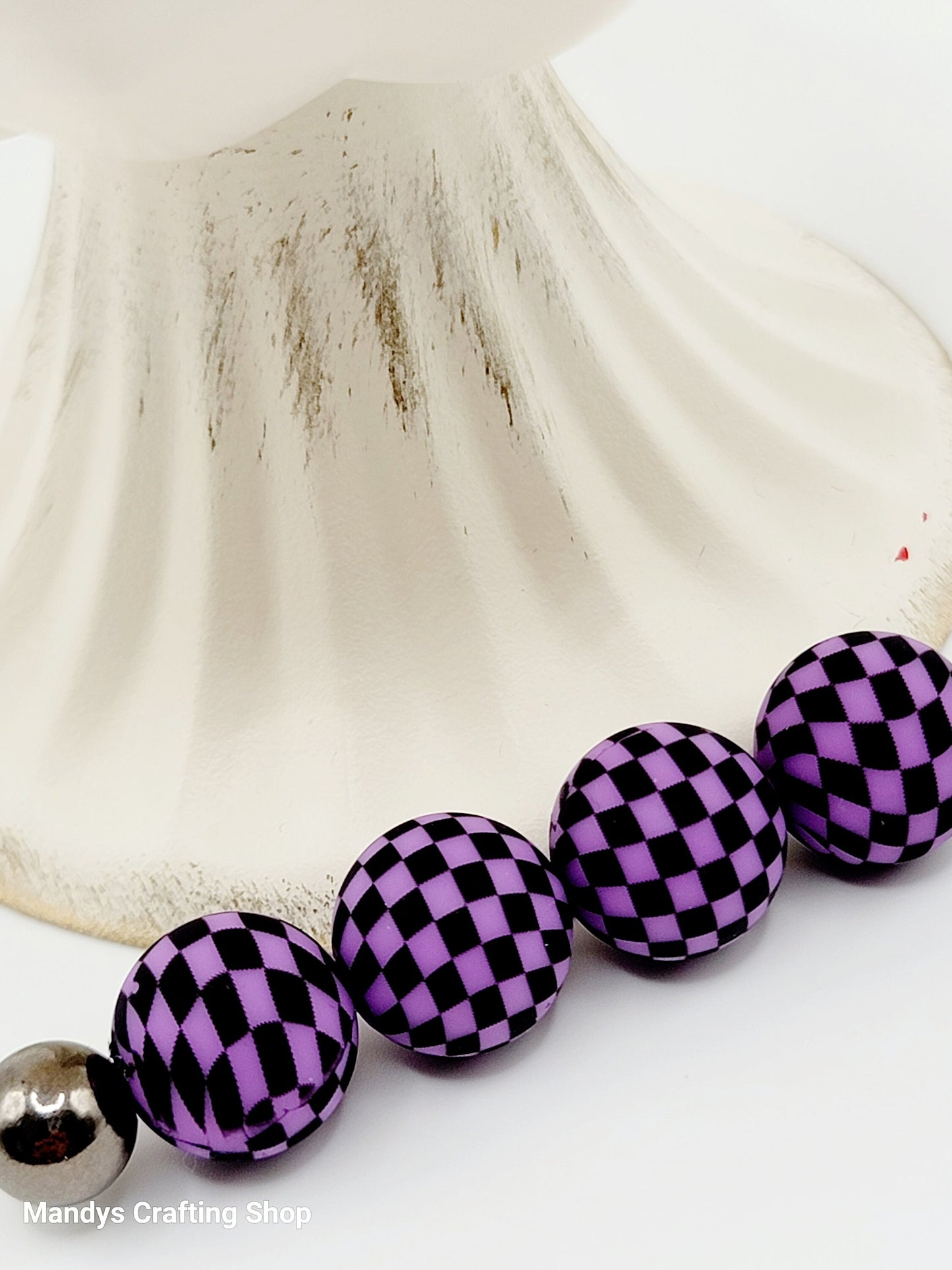 15mm Printed Purple & Black Check Silicone Beads – Checkered Round Beads for Pens & Wristlets