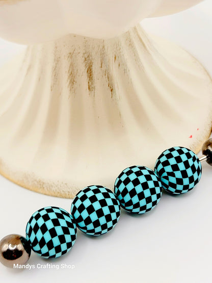 15mm Printed Turquoise & Black Check Silicone Beads – Checkered Round Beads for Pens & Wristlets