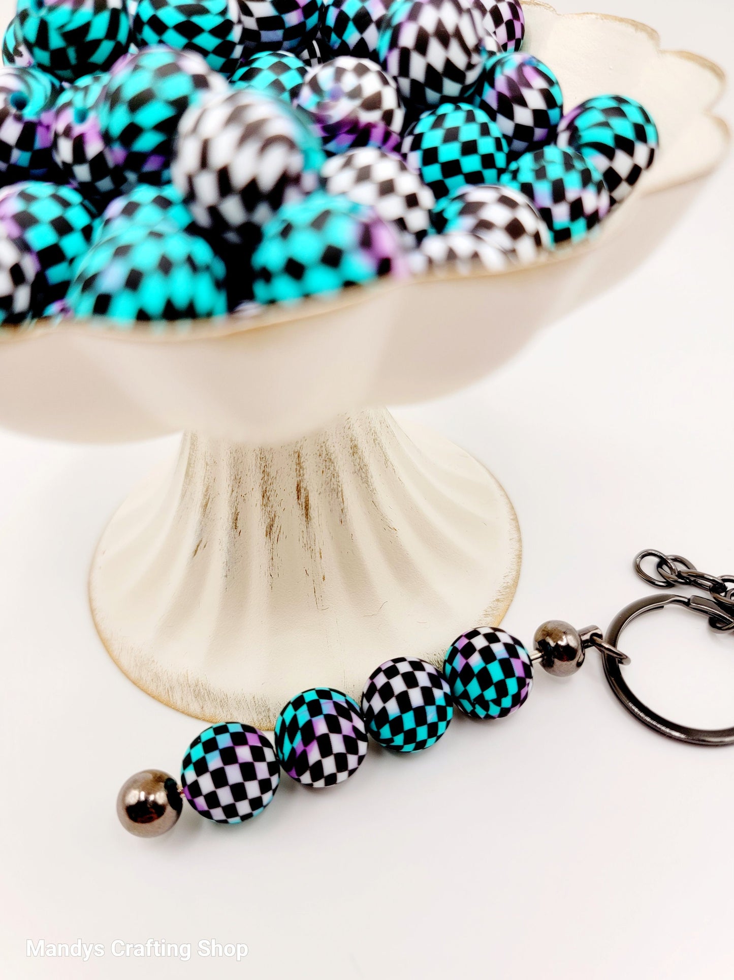 15mm Printed Turquoise, Purple, White & Black Check Silicone Beads – Round Beads for Pens & Wristlets