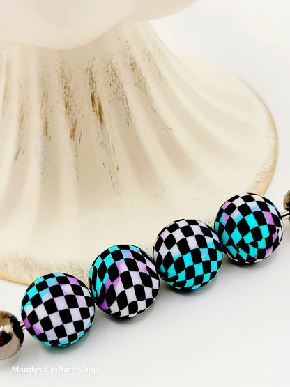 15mm Printed Turquoise, Purple, White & Black Check Silicone Beads – Round Beads for Pens & Wristlets