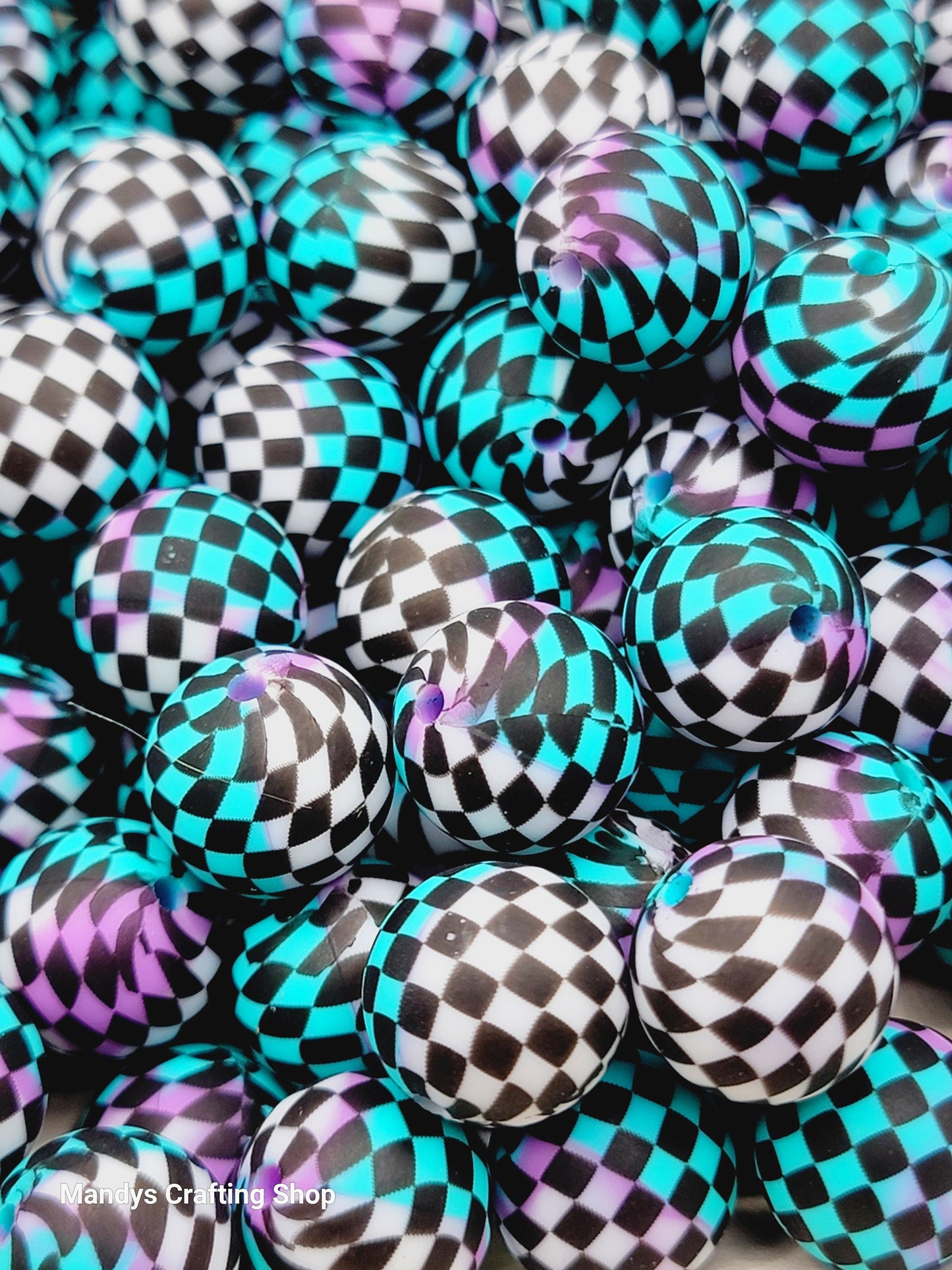 15mm Printed Turquoise, Purple, White & Black Check Silicone Beads – Round Beads for Pens & Wristlets