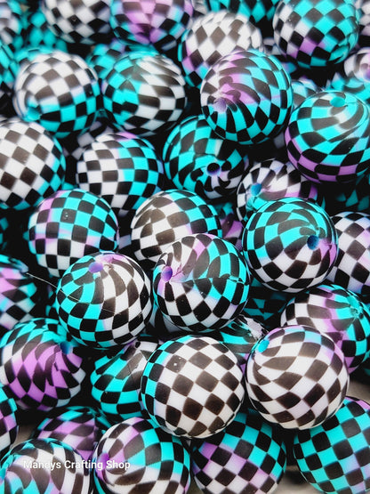15mm Printed Turquoise, Purple, White & Black Check Silicone Beads – Round Beads for Pens & Wristlets