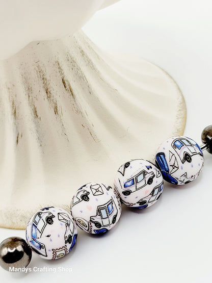 15mm Printed Blue Mail Truck Theme Silicone Beads – Postal Carrier Round Beads for Pens & Wristlets