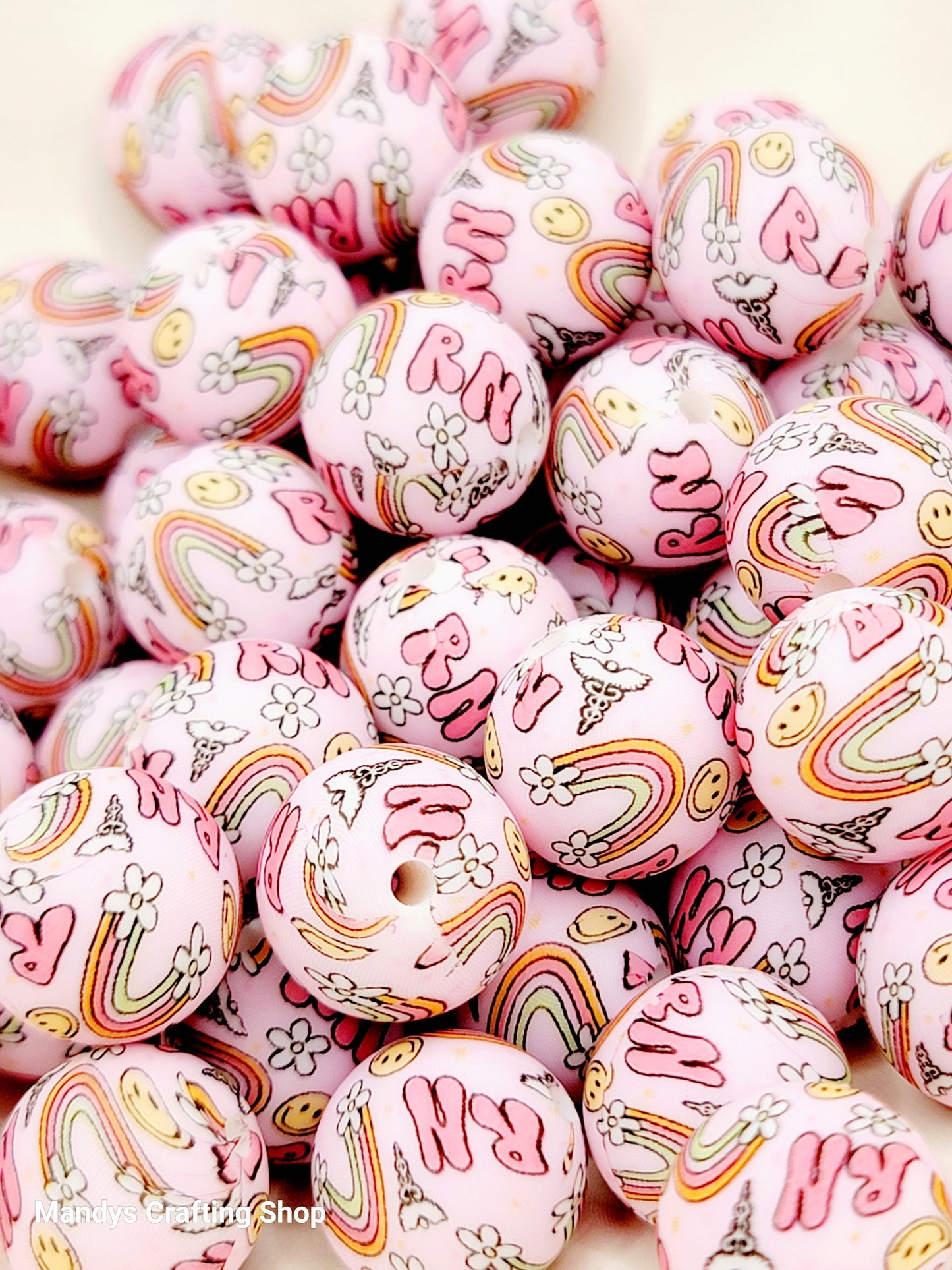 15mm Printed RN Nurse Beads (Pink) - Retro Nurse Medical Theme Silicone Round Spacer Bead for Pens & Wristlets