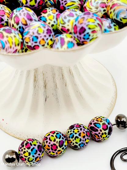15mm Printed Rainbow Leopard Print Silicone Bead – Round Animal Beads for Pens & Wristlets