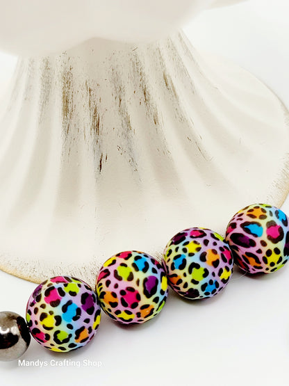 15mm Printed Rainbow Leopard Print Silicone Bead – Round Animal Beads for Pens & Wristlets