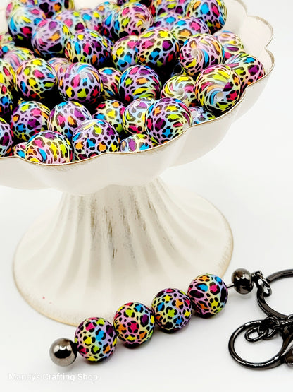 15mm Printed Rainbow Leopard Print Silicone Bead – Round Animal Beads for Pens & Wristlets