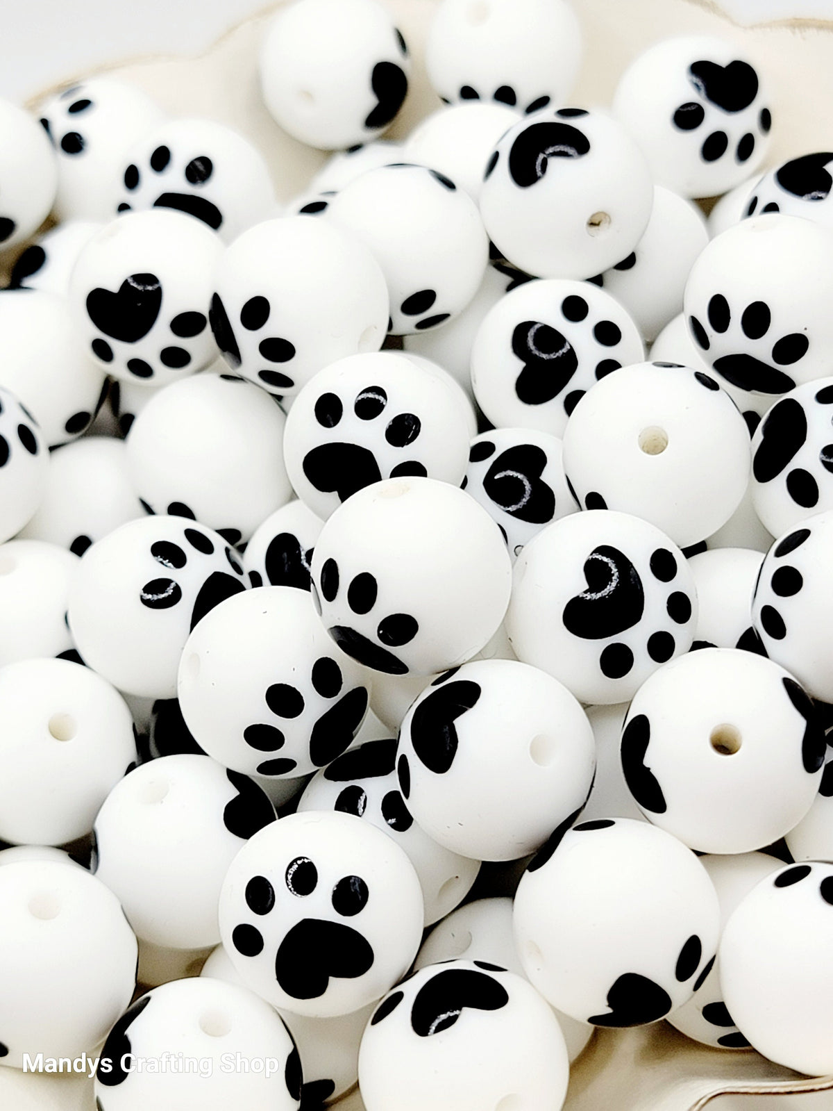 15mm White Bead with Black Paw Print Round Silicone Beads - Paw Print Beads for Pens and Wristlets