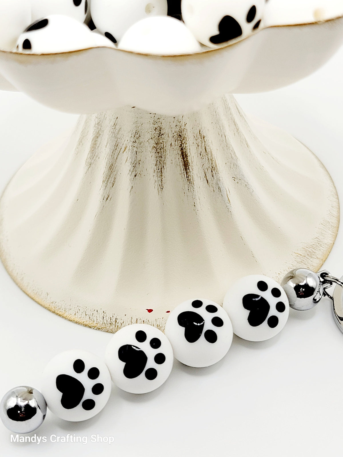 15mm White Bead with Black Paw Print Round Silicone Beads - Paw Print Beads for Pens and Wristlets