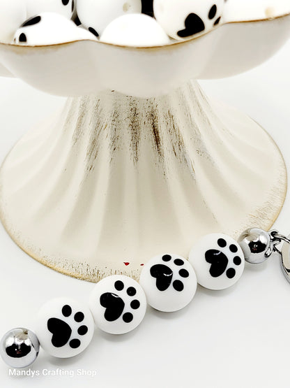 15mm White Bead with Black Paw Print Round Silicone Beads - Paw Print Beads for Pens and Wristlets