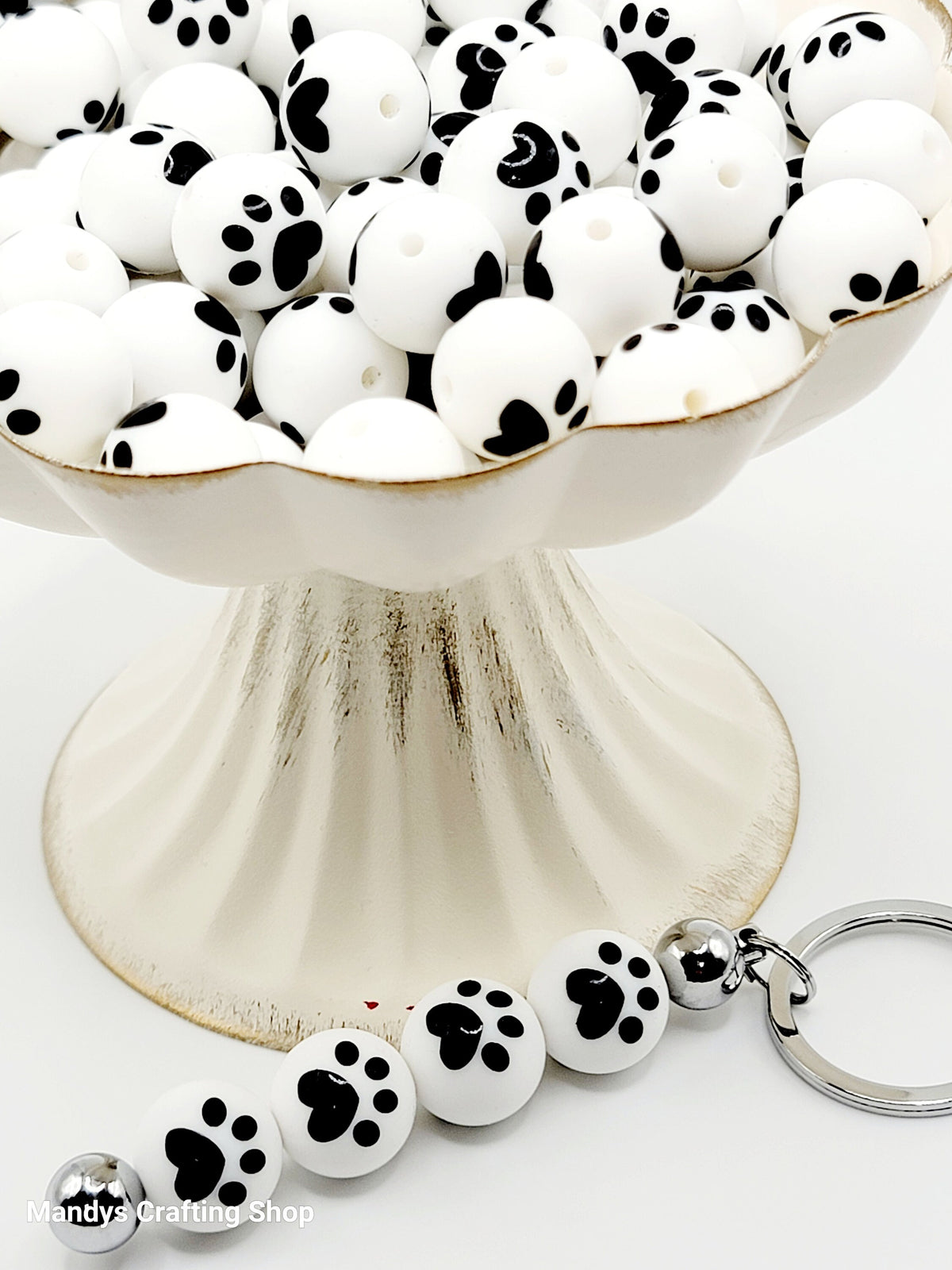 15mm White Bead with Black Paw Print Round Silicone Beads - Paw Print Beads for Pens and Wristlets