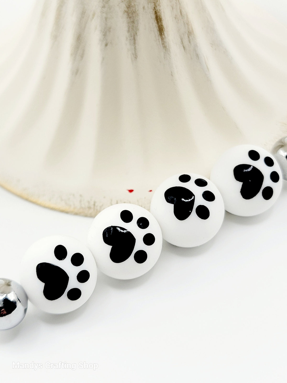 15mm White Bead with Black Paw Print Round Silicone Beads - Paw Print Beads for Pens and Wristlets