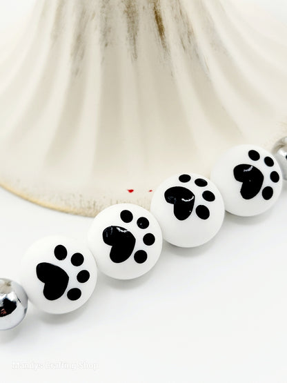 15mm White Bead with Black Paw Print Round Silicone Beads - Paw Print Beads for Pens and Wristlets