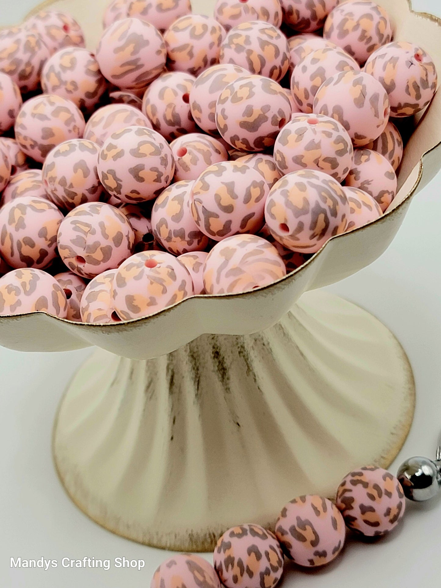 15mm Printed Pink & Gray Leopard Print Silicone Bead – Round Animal Beads for Pens & Wristlets