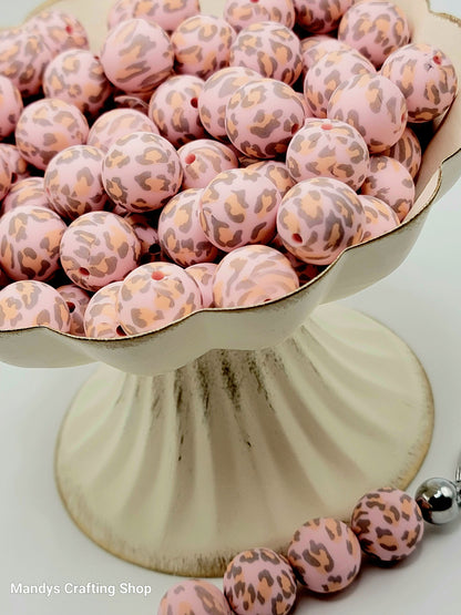 15mm Printed Pink & Gray Leopard Print Silicone Bead – Round Animal Beads for Pens & Wristlets