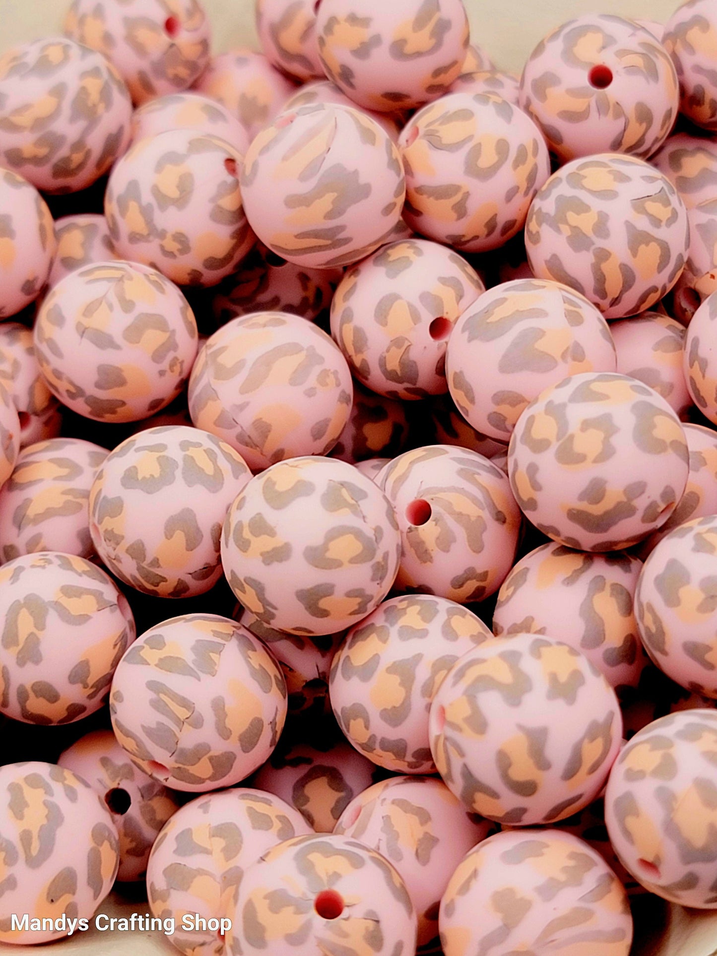 15mm Printed Pink & Gray Leopard Print Silicone Bead – Round Animal Beads for Pens & Wristlets