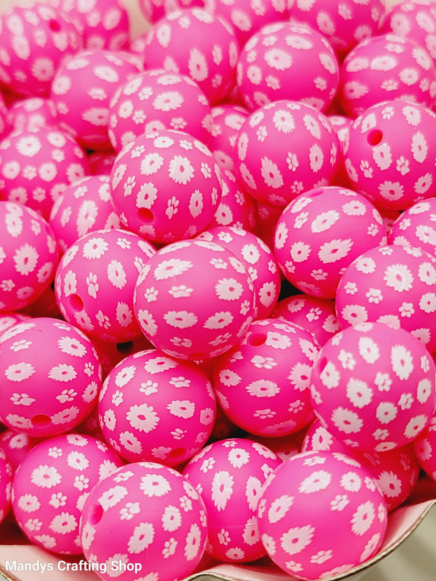 15mm Printed Bright Pink Daisy Floral Silicone Bead – Round Flower Beads for Pens & Wristlets