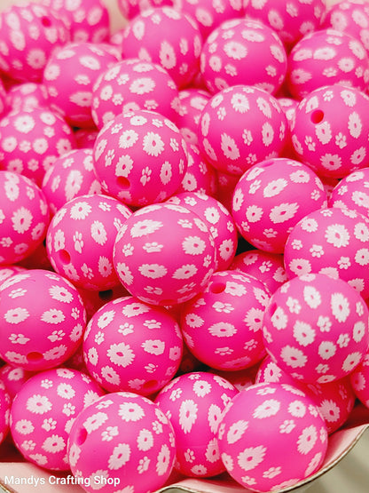 15mm Printed Bright Pink Daisy Floral Silicone Bead – Round Flower Beads for Pens & Wristlets