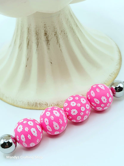 15mm Printed Bright Pink Daisy Floral Silicone Bead – Round Flower Beads for Pens & Wristlets