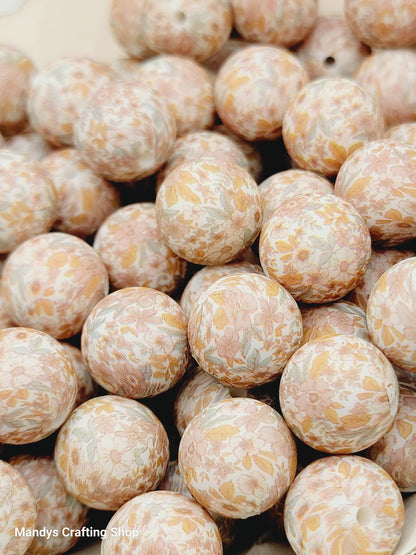 15mm Printed Brown Garden Print Silicone Bead – Floral Round Beads for Pens & Wristlets