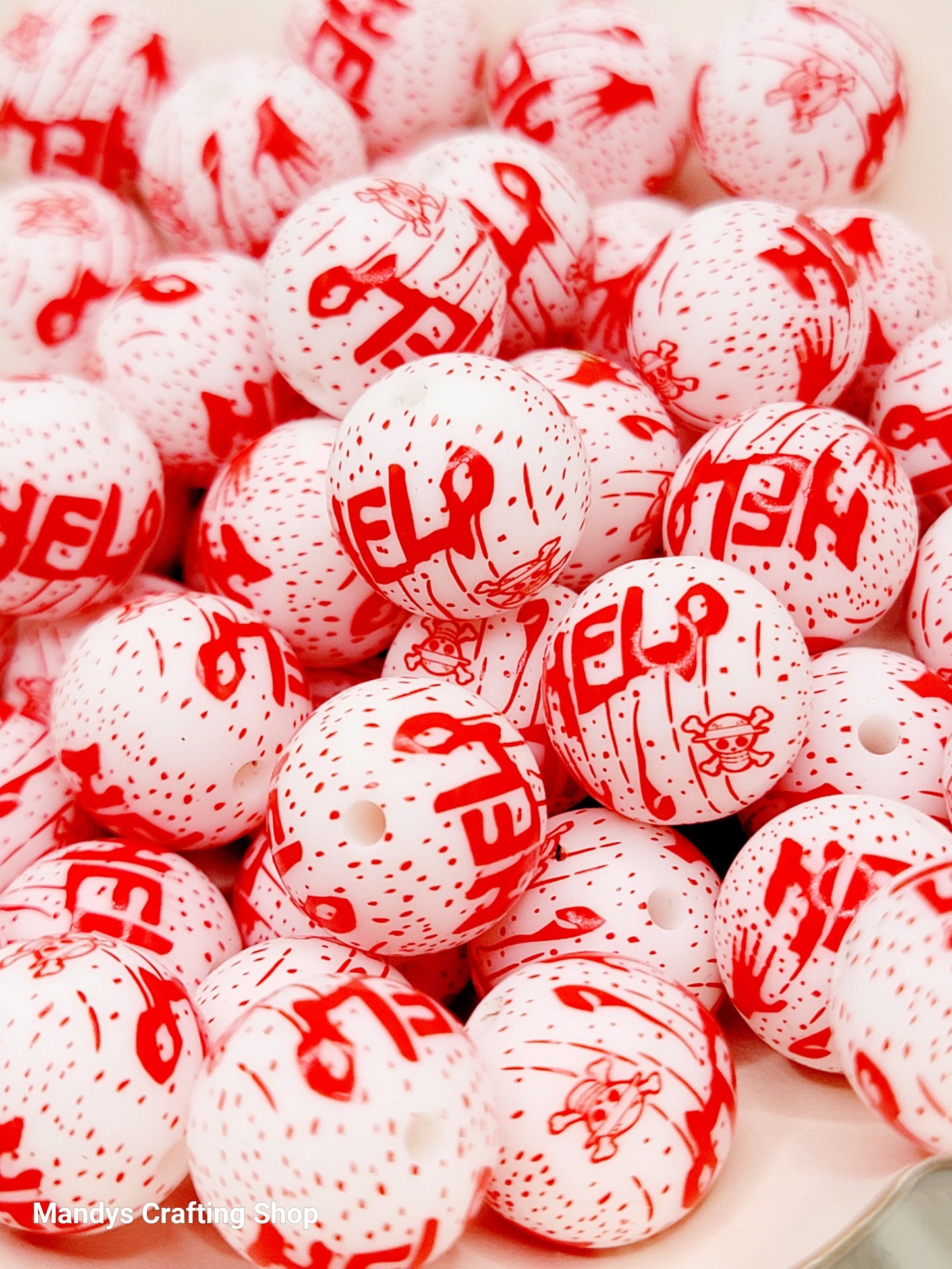 15mm Printed Help Blood Splatter Silicone Beads – Horror Halloween Round Beads for Pens & Wristlets
