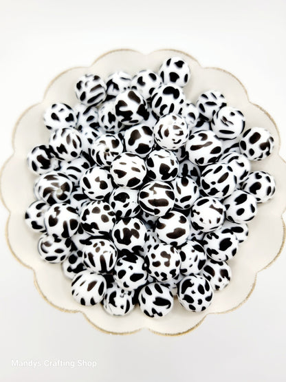 15mm Printed Black & White Cow Print Silicone Bead – Round Animal Beads for Pens & Wristlets