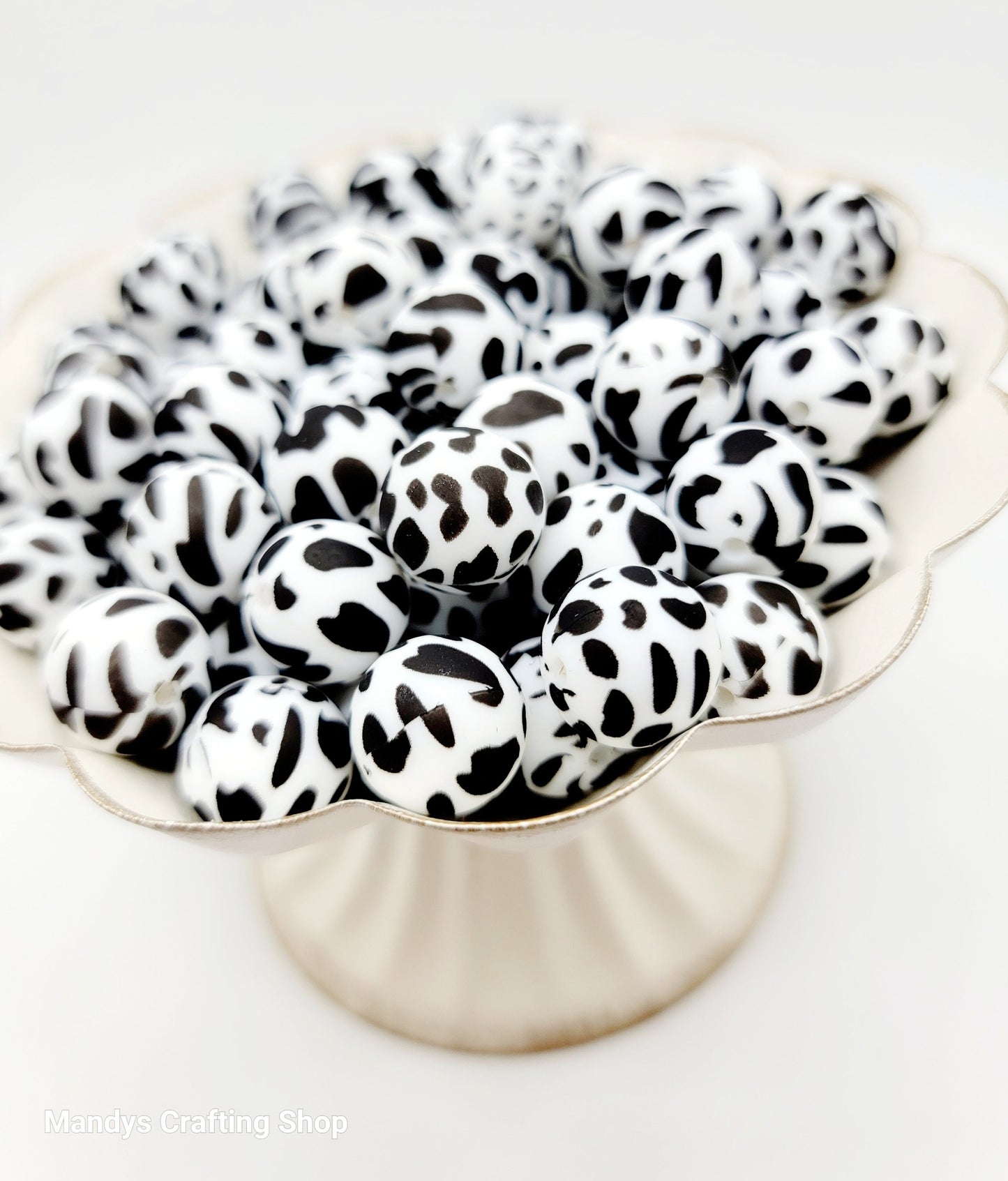 15mm Printed Black & White Cow Print Silicone Bead – Round Animal Beads for Pens & Wristlets