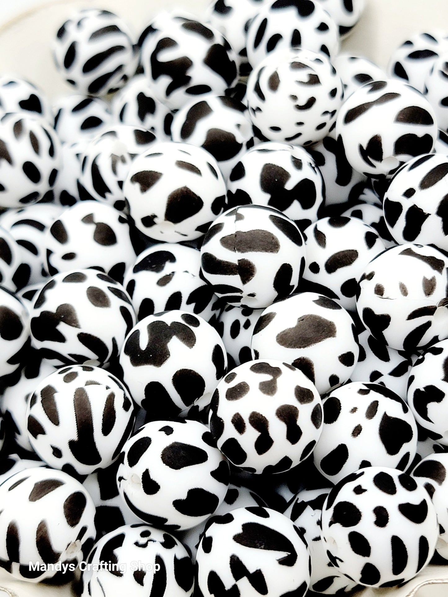 15mm Printed Black & White Cow Print Silicone Bead – Round Animal Beads for Pens & Wristlets
