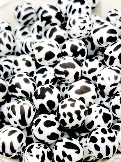 15mm Printed Black & White Cow Print Silicone Bead – Round Animal Beads for Pens & Wristlets
