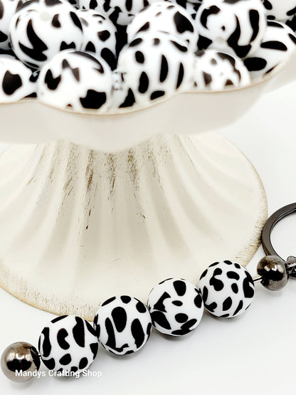 15mm Printed Black & White Cow Print Silicone Bead – Round Animal Beads for Pens & Wristlets