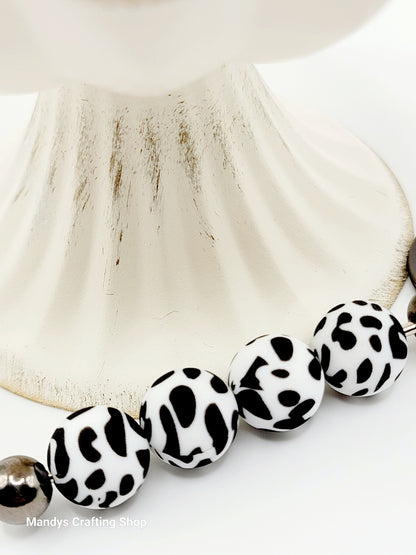 15mm Printed Black & White Cow Print Silicone Bead – Round Animal Beads for Pens & Wristlets