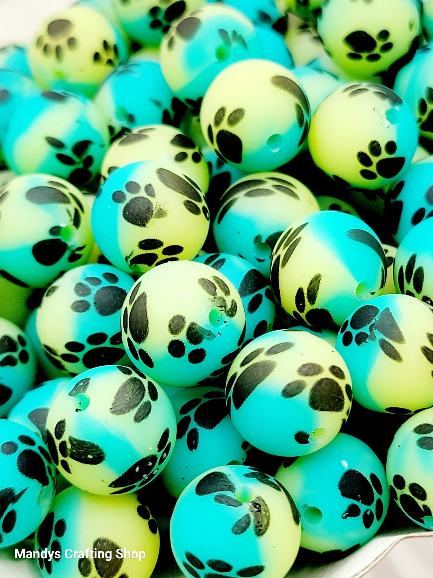 15mm Printed Turquoise & Yellow Paw Print Silicone Beads – Round Pet Beads for Pens & Wristlets