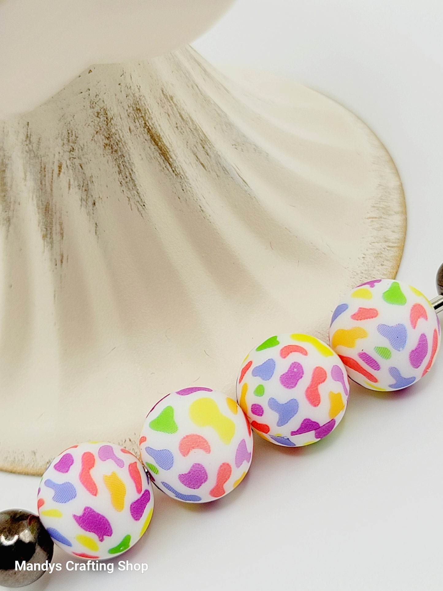 15mm Printed Rainbow Cow Print Silicone Bead – Round Animal Print Beads for Pens & Wristlets