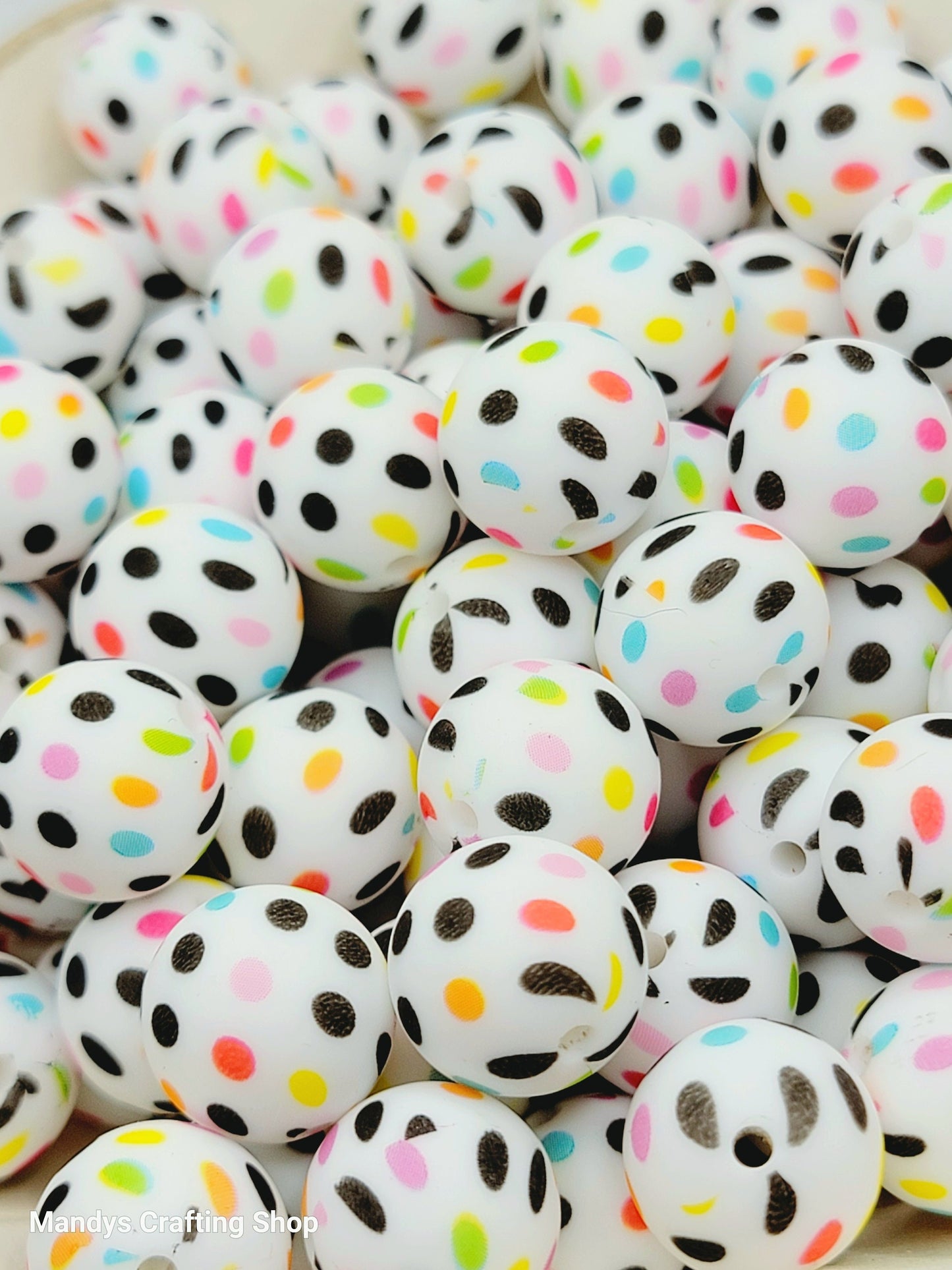 15mm Printed Polka Dot Print Silicone Bead – Rainbow Dot Round Beads for Pens & Wristlets