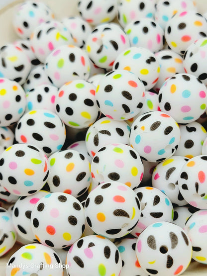 15mm Printed Polka Dot Print Silicone Bead – Rainbow Dot Round Beads for Pens & Wristlets